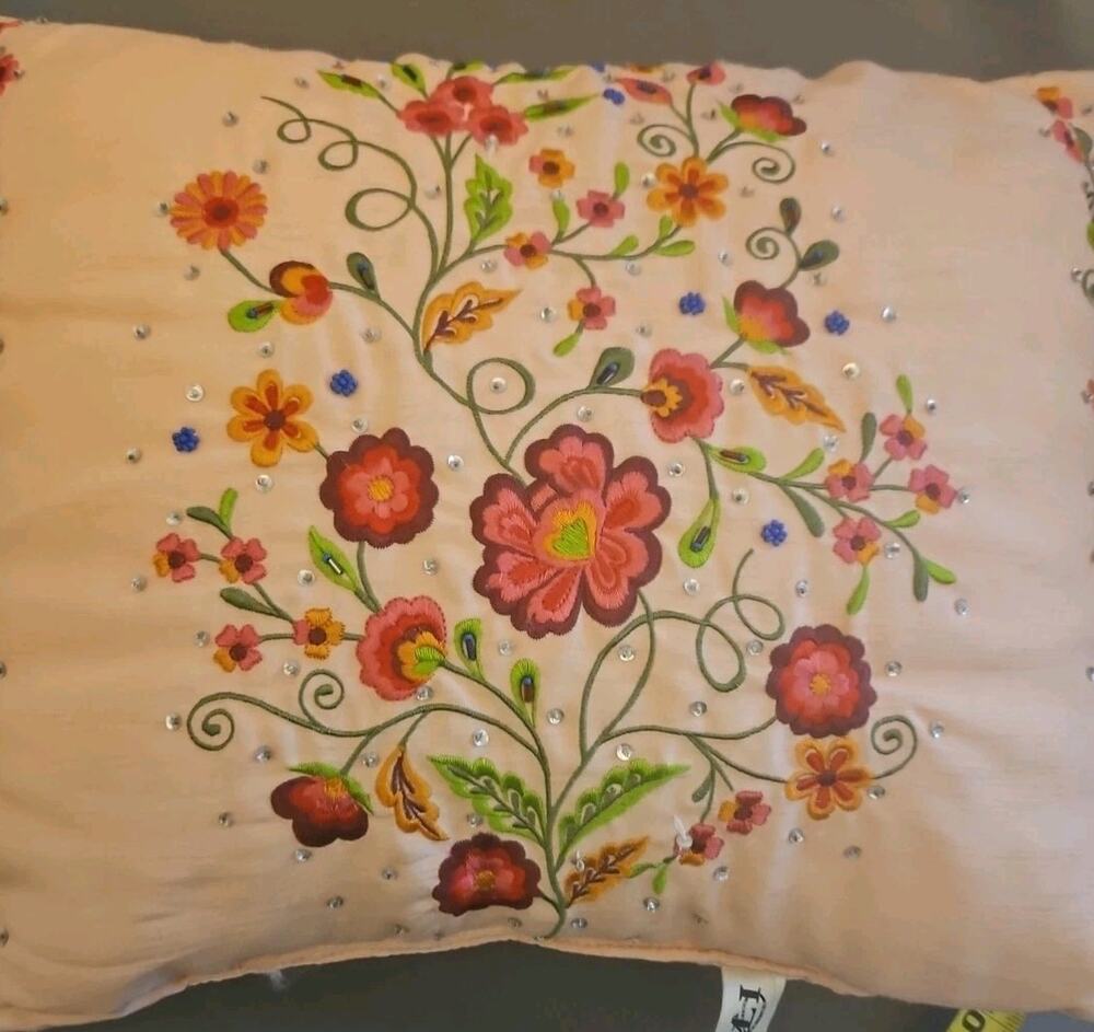 I T R Pillow 14X17 Embroidered and Embellished Flowers Pink Background